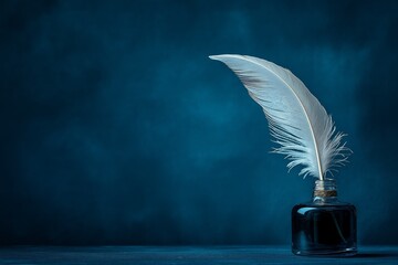 Feather Quill in Glass Inkwell on Deep Blue Background, Evoking a Sense of Classic Writing, Creativity