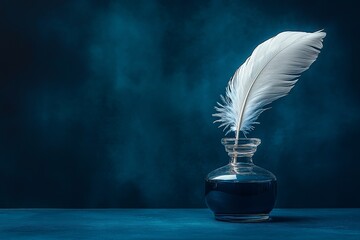 Feather Quill in Glass Inkwell on Deep Blue Background, Evoking a Sense of Classic Writing, Creativity
