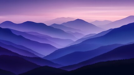Obraz premium A digital art of mountains at dusk, with gradients from deep purple to pink and blue, capturing the serene beauty of nature's silhouette against the sky