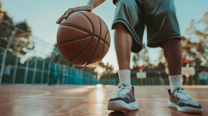 A basketball player holding a basketball up close, on a filed, during practice