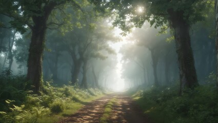 Obraz premium A woman walks in the forest, a gloomy forest path.