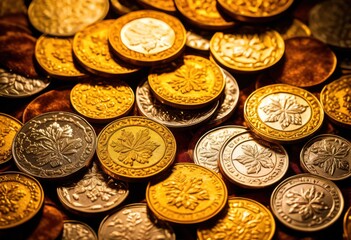 luxurious close sparkling coins resting soft velvet showcasing shimmering details textures, luxury, sparkle, rich, shine, glimmer, wealth, gold, silver