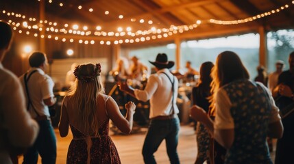 Guests enjoy a lively evening of dancing and music in a rustic barn illuminated by twinkling string lights.