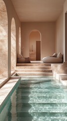 Sunlit minimalistic interior with serene pool and soft seating