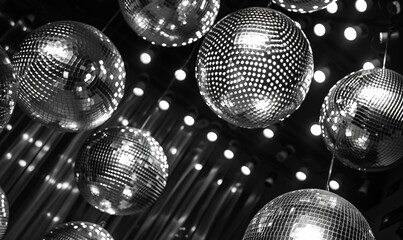 Monochrome photo of disco balls