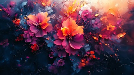 Fototapeta premium Colorful blooming flowers with different shades of pink, orange, and blue against a blue background.