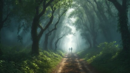 Obraz premium A woman walks in the forest, a gloomy forest path.