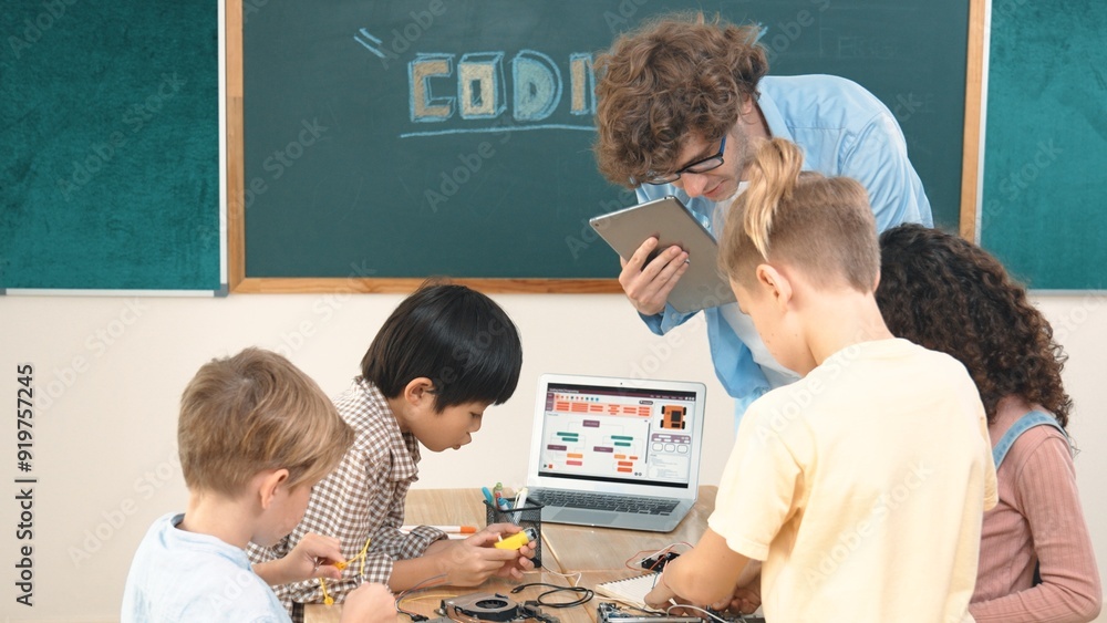 Poster group of diverse student working together on main board with laptop screen display engineering promp