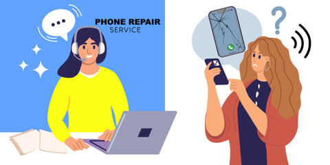 Hand Holding Phone Broken Screen and Call to Phone Repair Service. Call with Broken Screen. Customer support service Vector illustration.