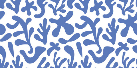 Seamless pattern with bizarre abstract geometric blue shapes.