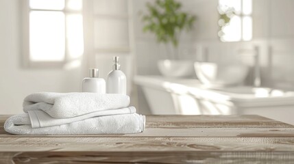 White wooden table with towels and blurred bathroom background for product showcasing.