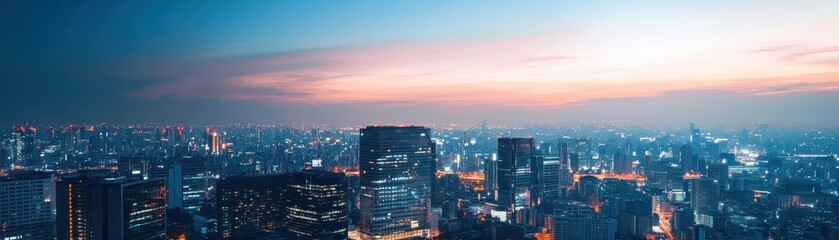 Fototapeta premium Panoramic cityscape of a bustling metropolis at dusk with illuminated buildings and a beautiful, colorful sunset sky in the background.