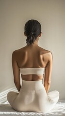 Obraz premium A woman in a beige ribbed outfit sits peacefully in a minimalist interior space during daylight