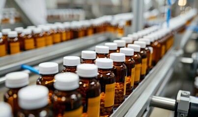 Fototapeta premium Rows of medicine bottles in a pharmaceutical manufacturing facility showcasing industry production