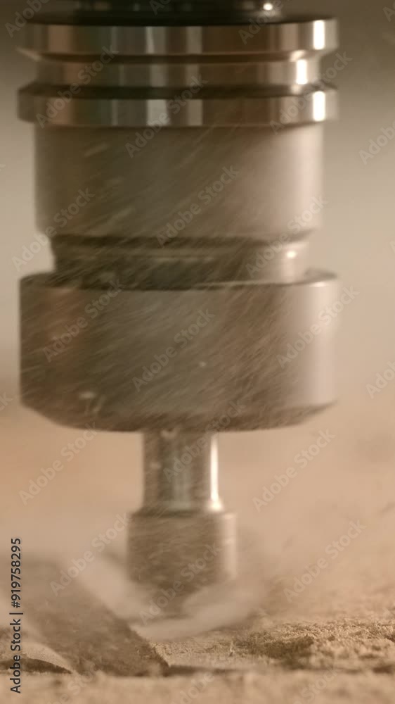 Poster extreme close up of cutting a pattern inside a wooden board with an automatic machine. creative. con