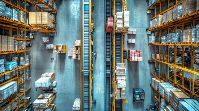 Efficient warehouse operations  aerial view of dynamic conveyor belt system for goods sorting