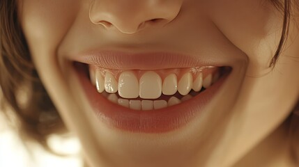 Fototapeta premium Close up portrait of joyful woman smiling, showcasing flawless teeth in a professional photo shoot