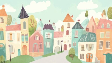 Charming, whimsical illustration of a colorful village street with quaint houses, trees, and a cloudy sky, perfect for children's books and decor.
