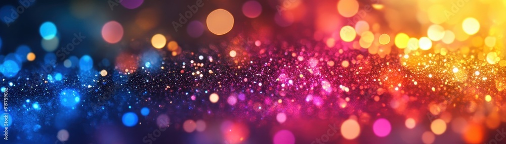 Poster vibrant bokeh background with multicolored lights and shimmering particles, perfect for festive, cel