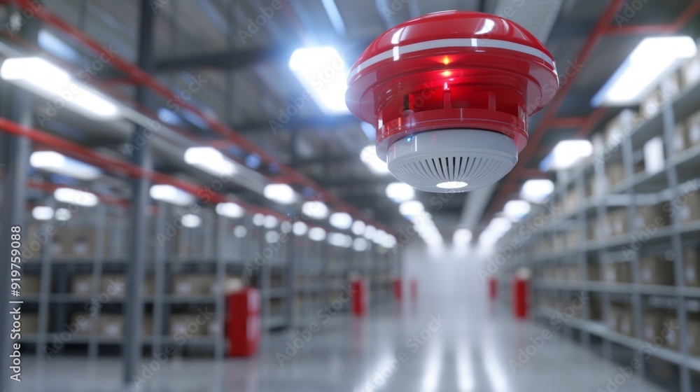 Poster a red and white fire alarm is hanging from the ceiling in a large