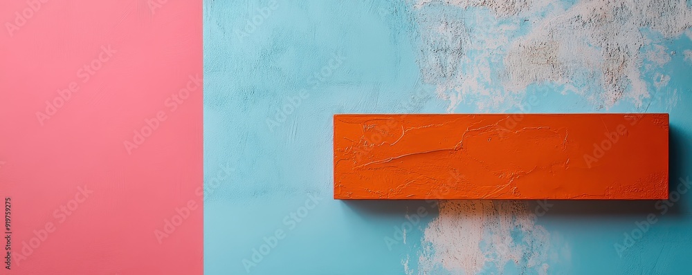 Poster creative abstract background with a red wooden block on a blue and pink textured surface. minimalist