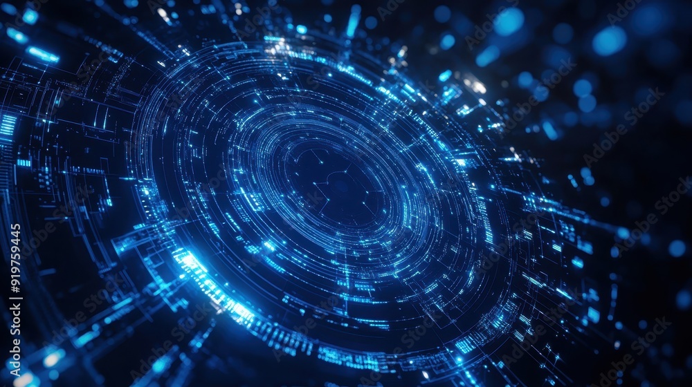 Poster futuristic digital technology background with blue glowing lines and circuit patterns, ideal for inn