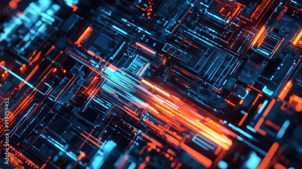 Poster futuristic digital technology background featuring a dynamic abstract pattern with neon lights in bl