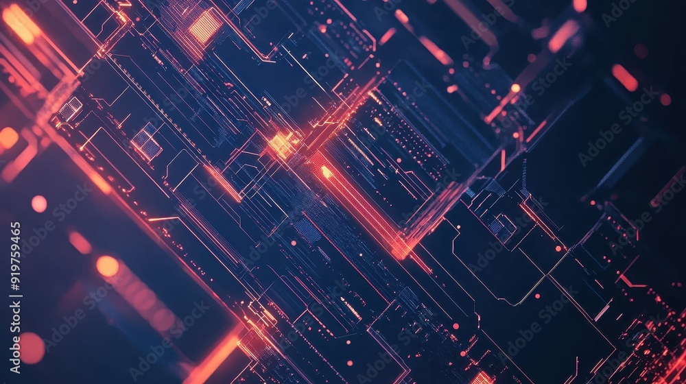 Poster digital circuit board pattern with glowing red and blue lines, representing futuristic technology an