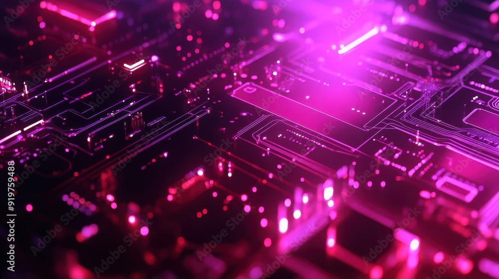 Poster futuristic close-up of a glowing purple printed circuit board with intricate patterns, symbolizing t