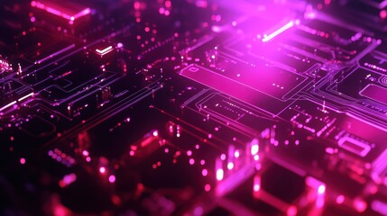 Futuristic close-up of a glowing purple printed circuit board with intricate patterns, symbolizing technology and innovation.