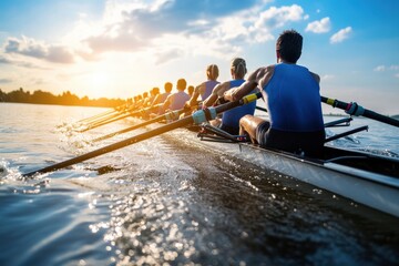 A rowing team synchronizing their efforts while rowing on a calm waterbody during a sunny day, highlighting teamwork, coordination, and the beauty of the natural surroundings.