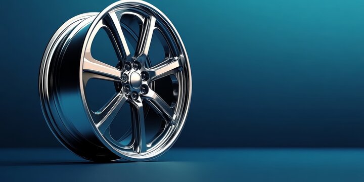 A silver wheel with a black rim is on a blue background