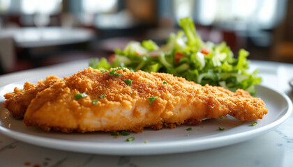 Close-up of a plate of breaded fish with salad under a table.