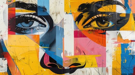 Abstract portrait of a woman with vibrant colors and geometric shapes.  The eyes are the focal point of the image, conveying a sense of mystery and intrigue.