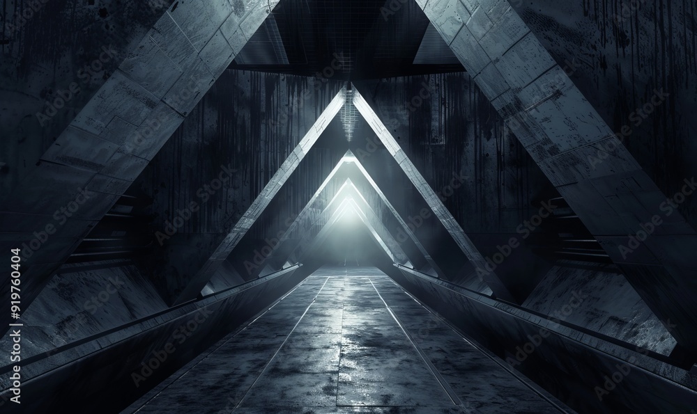 Poster this 3d rendering shows a futuristic triangle spaceship corridor with an abstract dark theme