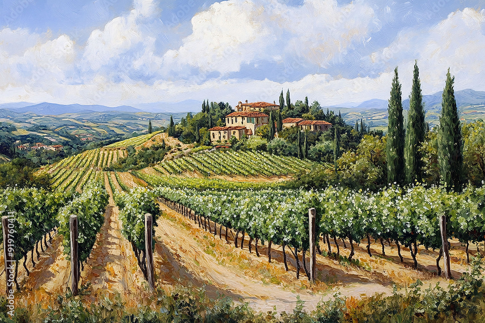 Wall mural vineyards in rural hilly area. vermeer house on the hill. vintage oil painting.