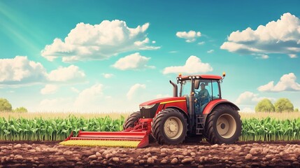 Naklejka premium A farmer operates a red tractor cultivating soil in a cornfield under a bright blue sky