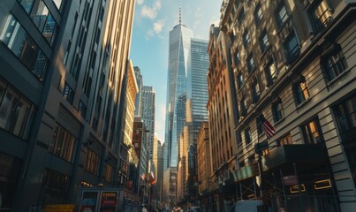 Towering financial skyscrapers viewed from the bustling city streets below