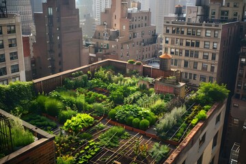 Naklejka premium Roof garden on the roof of a high-rise building with a variety of plants and vegetables.