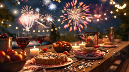 Fototapeta premium A festive outdoor dinner table with a variety of food and drinks, including wine