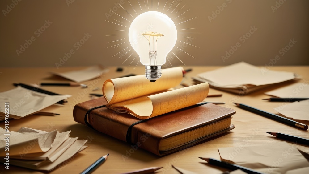 Poster glowing light bulb floating above open notebook symbolizing ideas and creativity