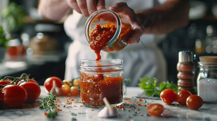 a chef pouring freshly made marinara sauce into a glass jar, with tomatoes, garlic, and herbs scattered on a marble countertop