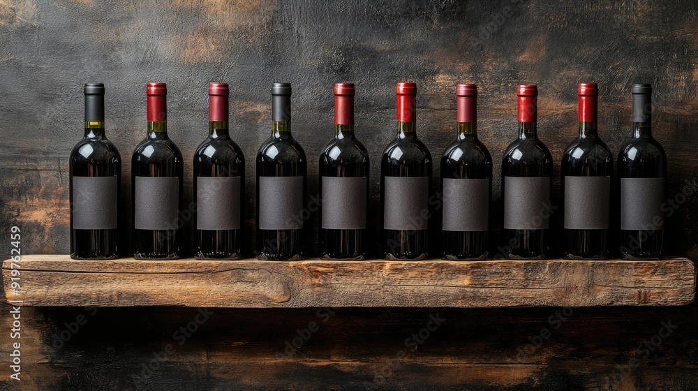 Poster wine bottles with blank labels resting on a wooden shelf