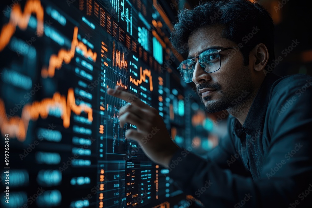 Poster Financial analyst working late analyzing big data on multiple monitors