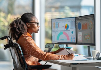 A woman in a wheelchair is sitting at a desk with two computer monitors and a pen. She is working on a project and she is focused on her work