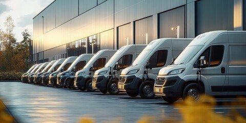 In front of a modern prefabricated hall there are many electric vans that are being charged