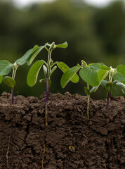 Young soybean plants with roots in the soil