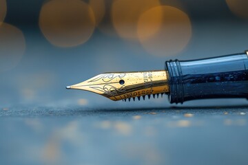 Golden fountain pen writing on paper with cursive handwriting