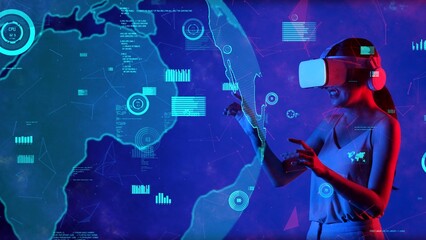 Woman using VR transfer to meta selecting dynamic market data scattering research analysis graph global innovation interface digital network technology visual hologram animation meta. Hallucination.