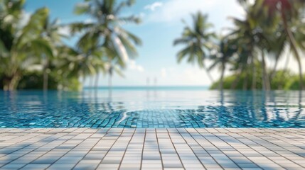 Fototapeta premium White ceramic mosaic table with blurred swimming pool backdrop for product display in summer resort.